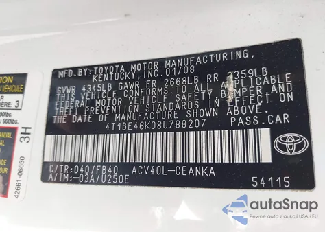 2008 Toyota Camry Le из США, поврежденный, VIN 4T1BE46K08U788207